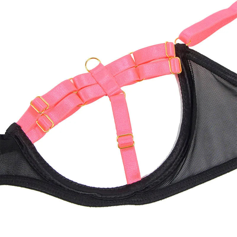 SUBBLIME - 955304 ENSEMBLE SOUTIEN-GORGE AVEC COLLIER ET DÉTAILS DE JAMBES ROSE FLUORESCENT
