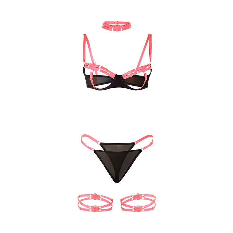 SUBBLIME - 955304 ENSEMBLE SOUTIEN-GORGE AVEC COLLIER ET DÉTAILS DE JAMBES ROSE FLUORESCENT