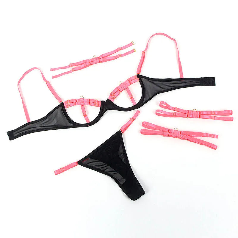 SUBBLIME - 955304 ENSEMBLE SOUTIEN-GORGE AVEC COLLIER ET DÉTAILS DE JAMBES ROSE FLUORESCENT
