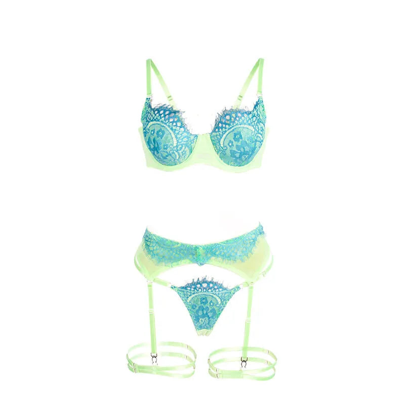 SUBBLIME - 955311 ENSEMBLE SOUTIEN-GORGE AVEC LIGNES DENTELLE ET JARRETELLE VERT ET BLEU