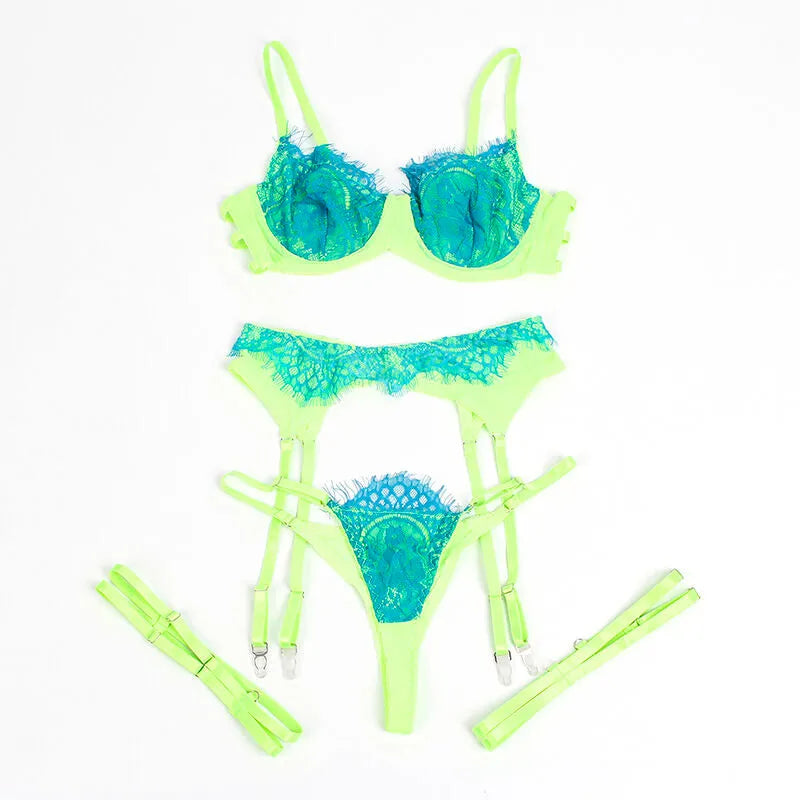SUBBLIME - 955311 ENSEMBLE SOUTIEN-GORGE AVEC LIGNES DENTELLE ET JARRETELLE VERT ET BLEU