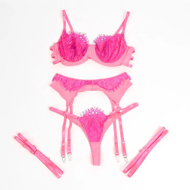 SUBBLIME - 955366 ENSEMBLE SOUTIEN-GORGE AVEC LIGNES DE DENTELLE ET JARRETELLES ROSE ET VIOLET