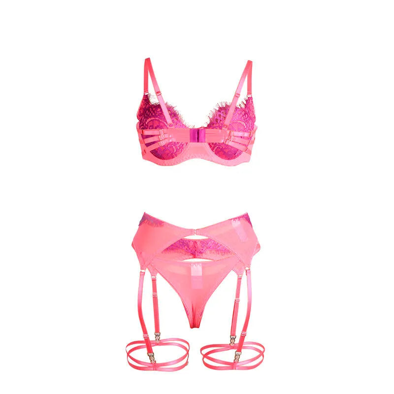 SUBBLIME - 955366 ENSEMBLE SOUTIEN-GORGE AVEC LIGNES DE DENTELLE ET JARRETELLES ROSE ET VIOLET