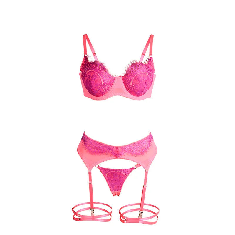 SUBBLIME - 955366 ENSEMBLE SOUTIEN-GORGE AVEC LIGNES DE DENTELLE ET JARRETELLES ROSE ET VIOLET