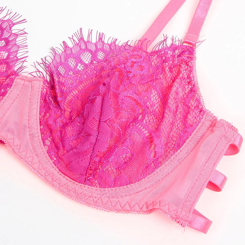 SUBBLIME - 955366 ENSEMBLE SOUTIEN-GORGE AVEC LIGNES DE DENTELLE ET JARRETELLES ROSE ET VIOLET
