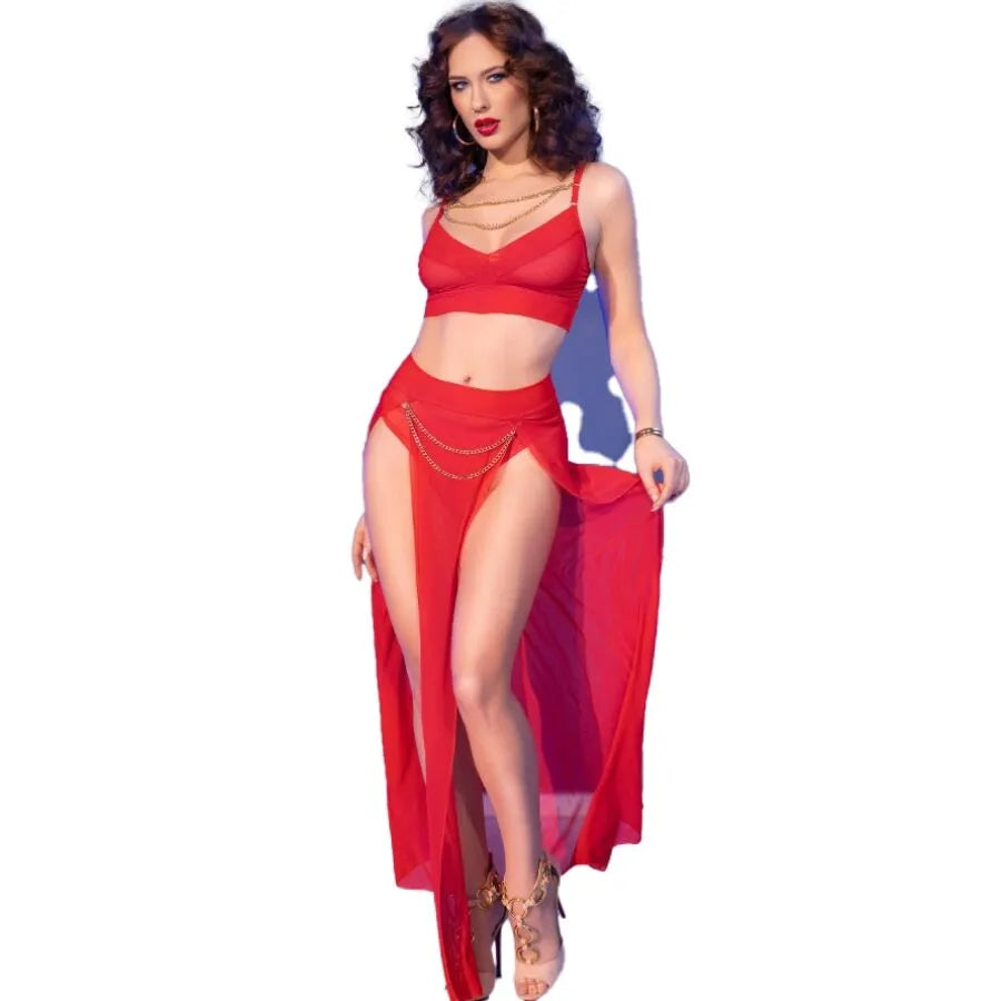 CHILIROSE - CR 4850 ENSEMBLE TOP ET LEGGINGS ROUGE AVEC ACCESSOIRES DORÉS