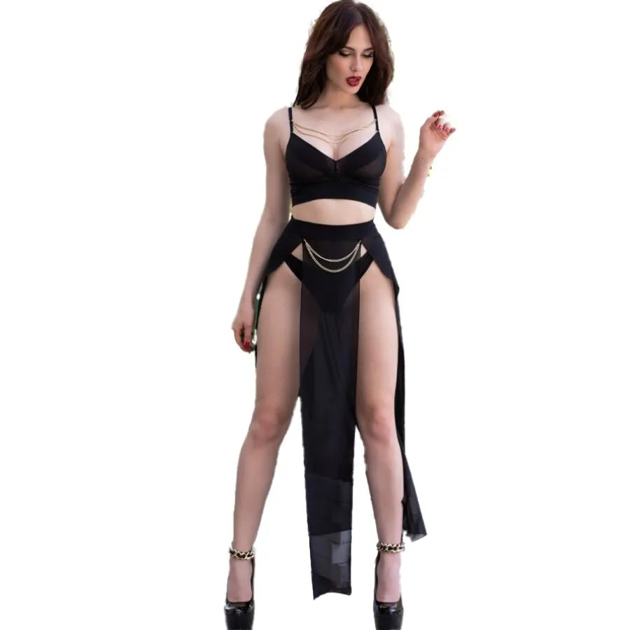 CHILIROSE - CR 4672 JUPE TOP NOIRE ET STRING AVEC CHAÎNES DORÉ