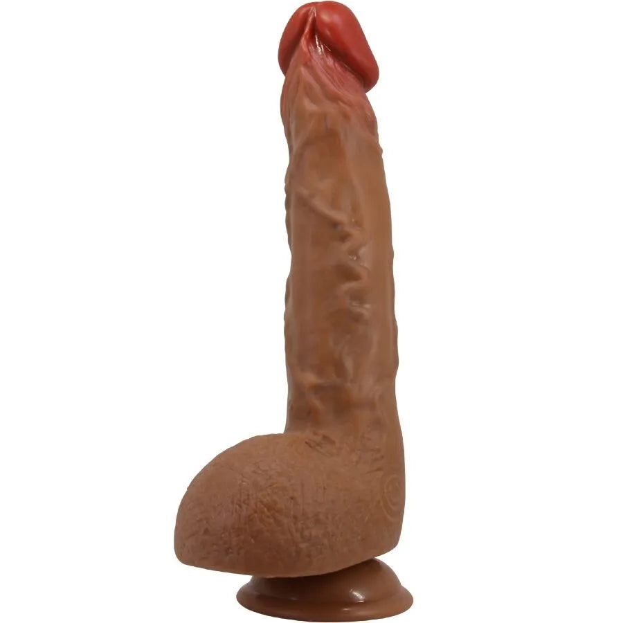 Vibromasseur réaliste mulato 25 cm avec ventouse, gland rouge, veines et testicules prononcés, 5 modes vibration et rotation.