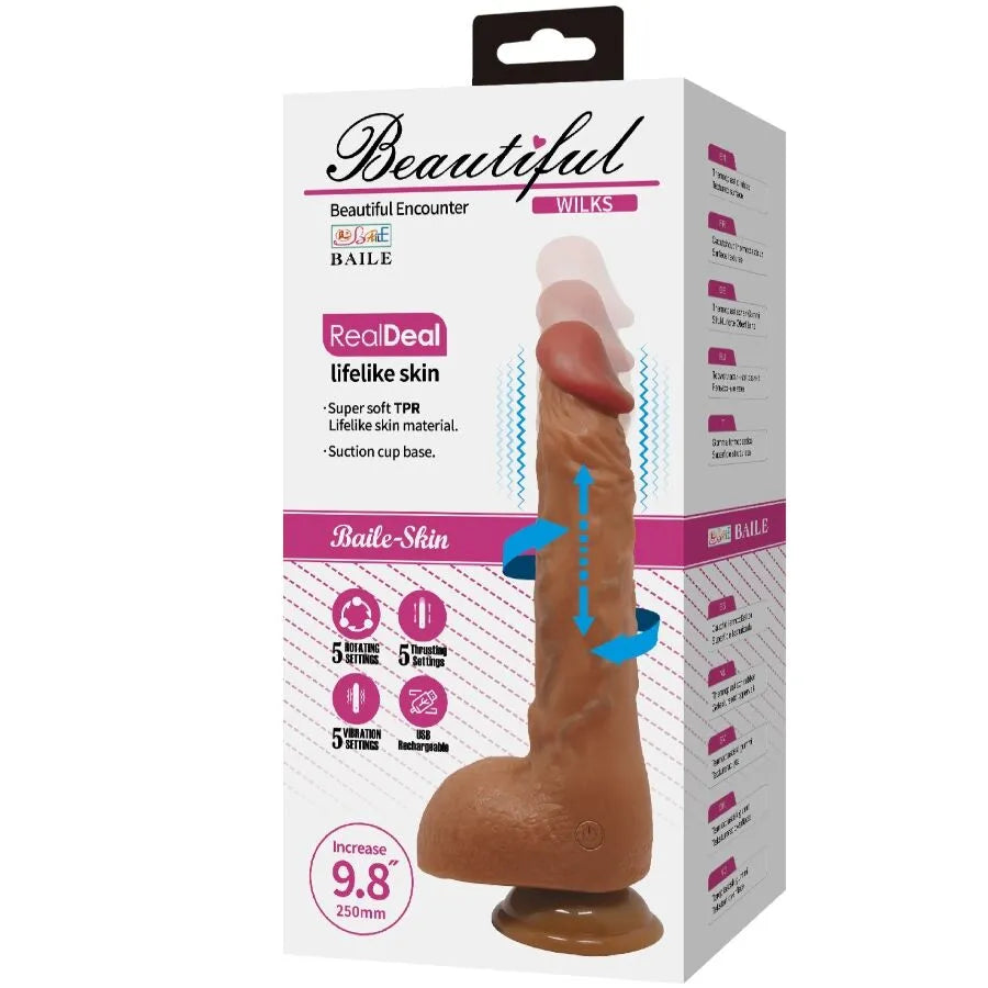 Vibromasseur réaliste mulato 25 cm avec ventouse, veines et testicules, 5 modes vibration et rotation, BAILE Wilks.