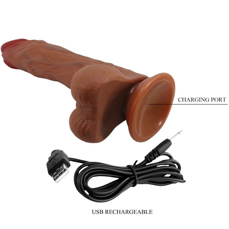Vibromasseur réaliste chair 24 cm avec ventouse, veines et testicules, câble USB inclus pour recharge facile.