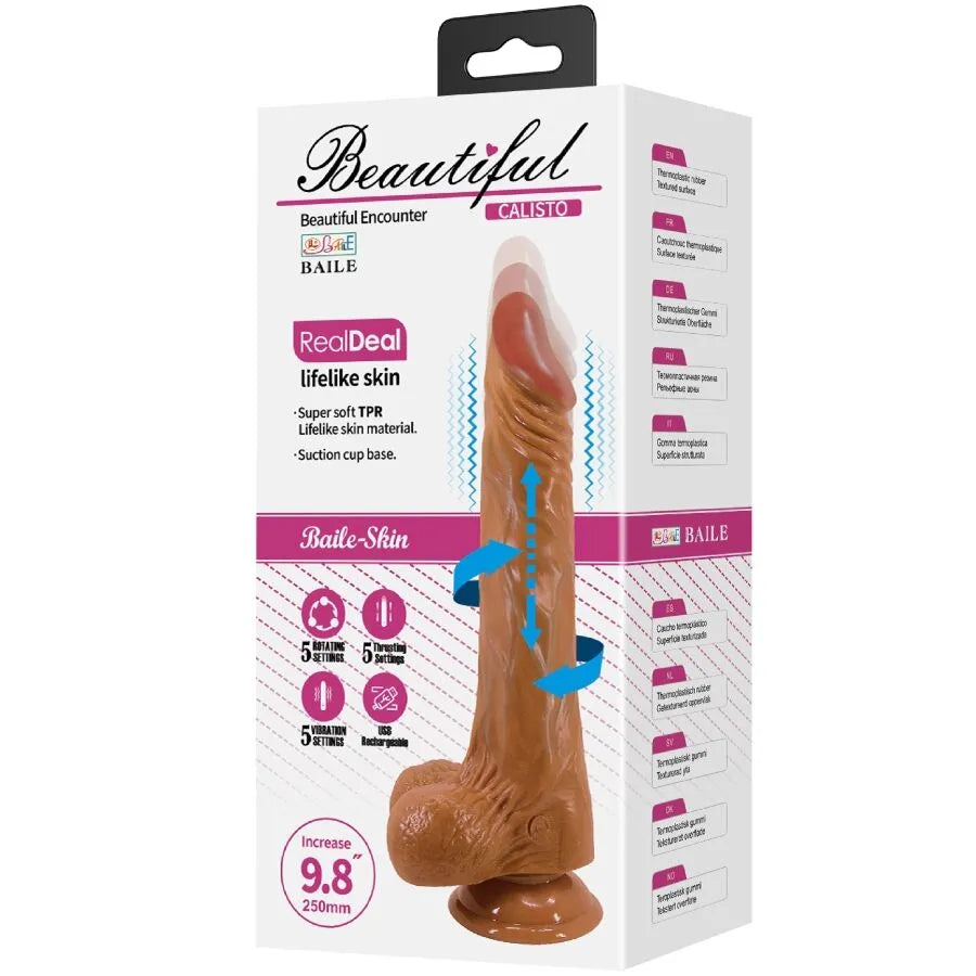 Vibromasseur réaliste chair 24 cm avec ventouse, détails veines et testicules, fonctions va-et-vient et vibrations intenses.