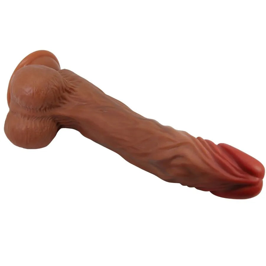 Vibromasseur réaliste chair 24 cm avec ventouse, détails veinés et testicules, pour sensations intenses et mains libres.