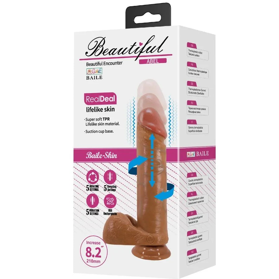 Gode réaliste mulâtre 21 cm avec ventouse, texture veineuse, tête bulbeuse, 5 modes vibrations, poussées et rotations.