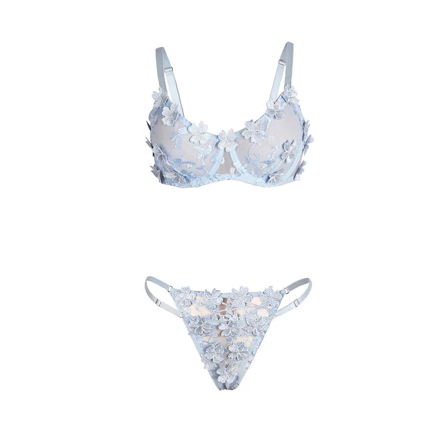 SUBBLIME - 957629 ENSEMBLE SOUTIEN-GORGE ET CULOTTE BRODÉS DE FLEURS BLEU CIEL