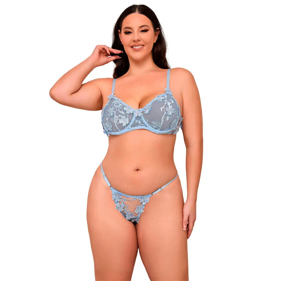 SUBBLIME - 957636 ENSEMBLE SOUTIEN-GORGE ET CULOTTE BRODÉS DE FLEURS BLEU CIEL