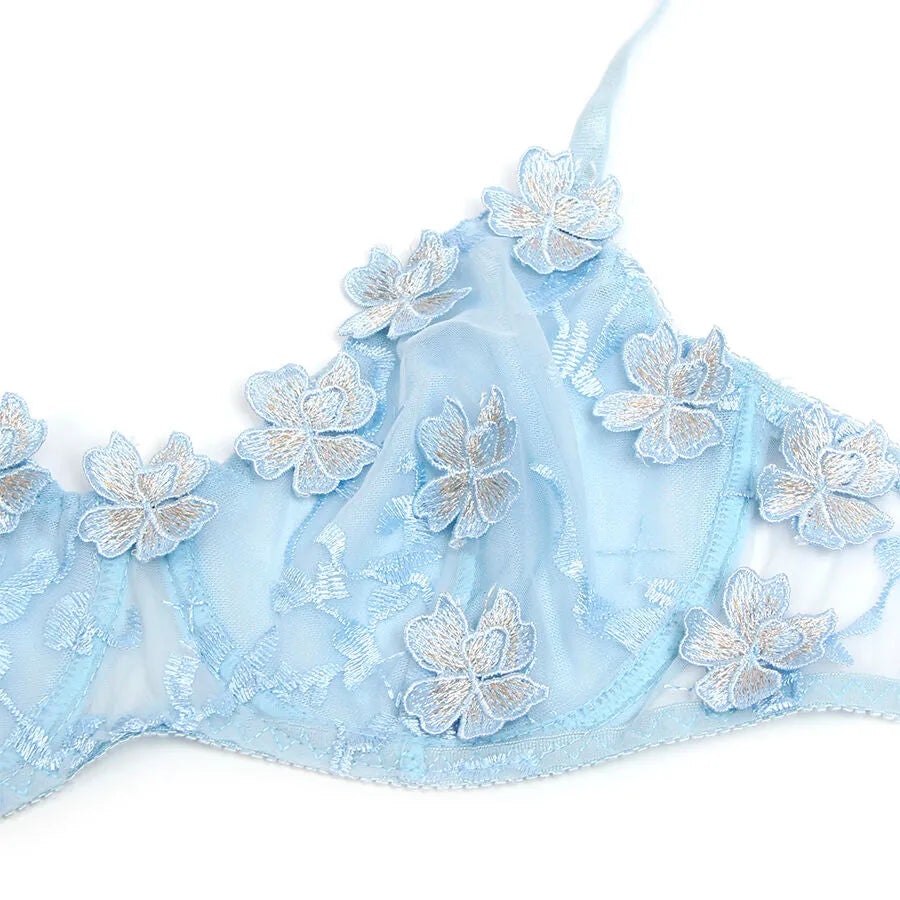SUBBLIME - 957636 ENSEMBLE SOUTIEN-GORGE ET CULOTTE BRODÉS DE FLEURS BLEU CIEL