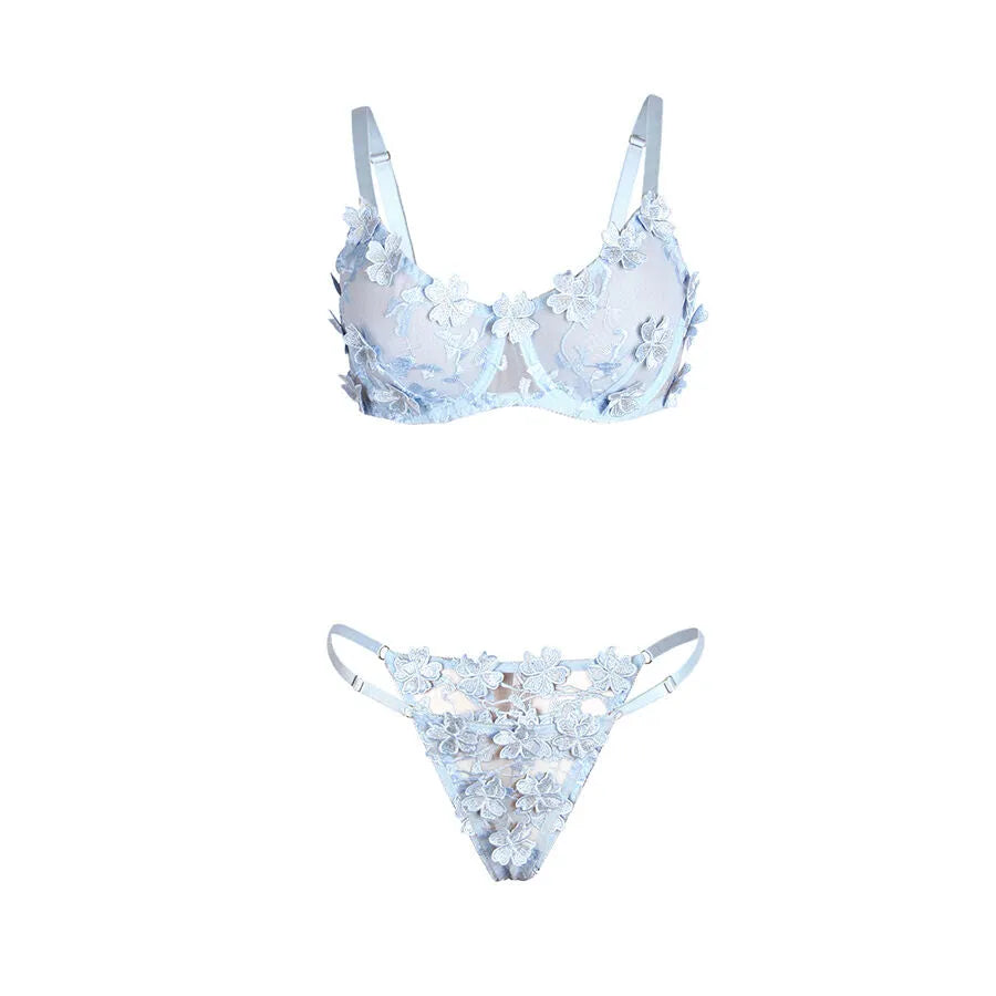 SUBBLIME - 957636 ENSEMBLE SOUTIEN-GORGE ET CULOTTE BRODÉS DE FLEURS BLEU CIEL
