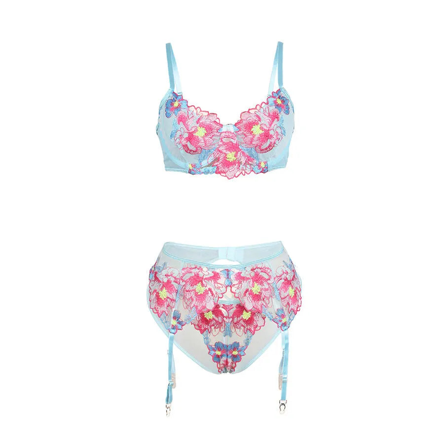 SUBBLIME - 957643 ENSEMBLE SOUTIEN-GORGE ET PORTE-JARRETELLES BRODÉ FLEURS ROSE