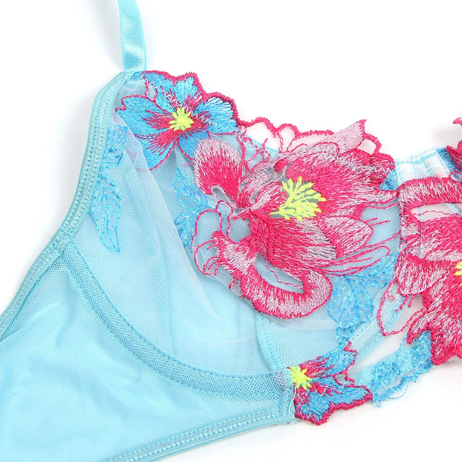 SUBBLIME - 957643 ENSEMBLE SOUTIEN-GORGE ET PORTE-JARRETELLES BRODÉ FLEURS ROSE