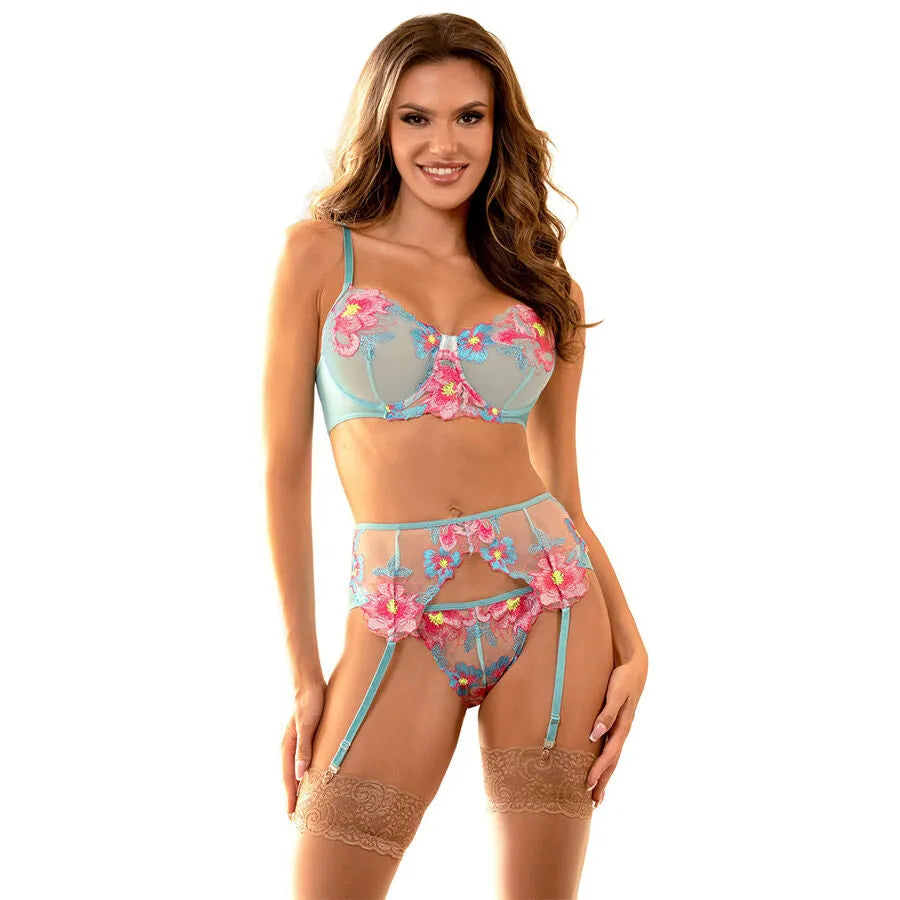 SUBBLIME - 957650 ENSEMBLE SOUTIEN-GORGE ET PORTE-JARRETELLES BRODÉ FLEURS ROSE
