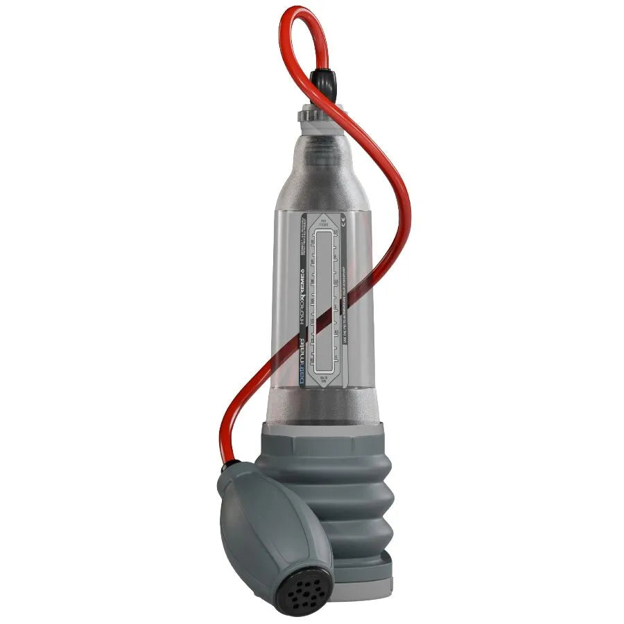Pompe à pénis Bathmate Hydroxtreme6 grise avec valve et boule amovible, idéale pour hydrothérapie avancée.