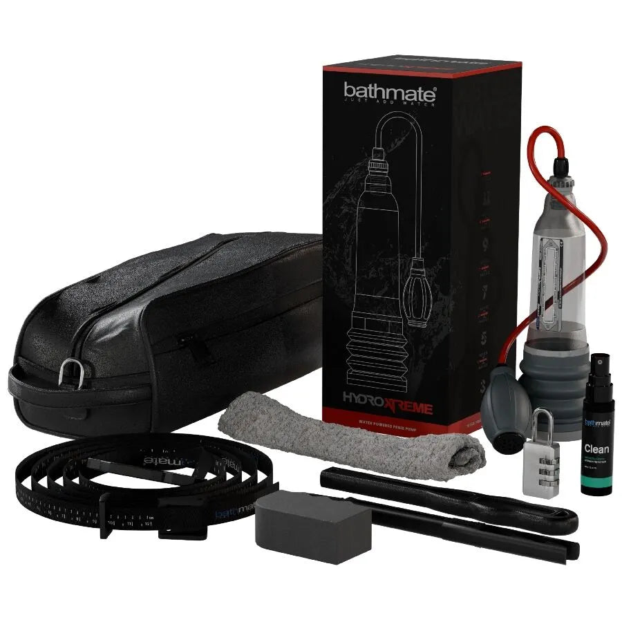 Pompe à pénis Bathmate Hydroxtreme6 avec accessoires: tube transparent, valve, boule amovible, étui noir, nettoyant.
