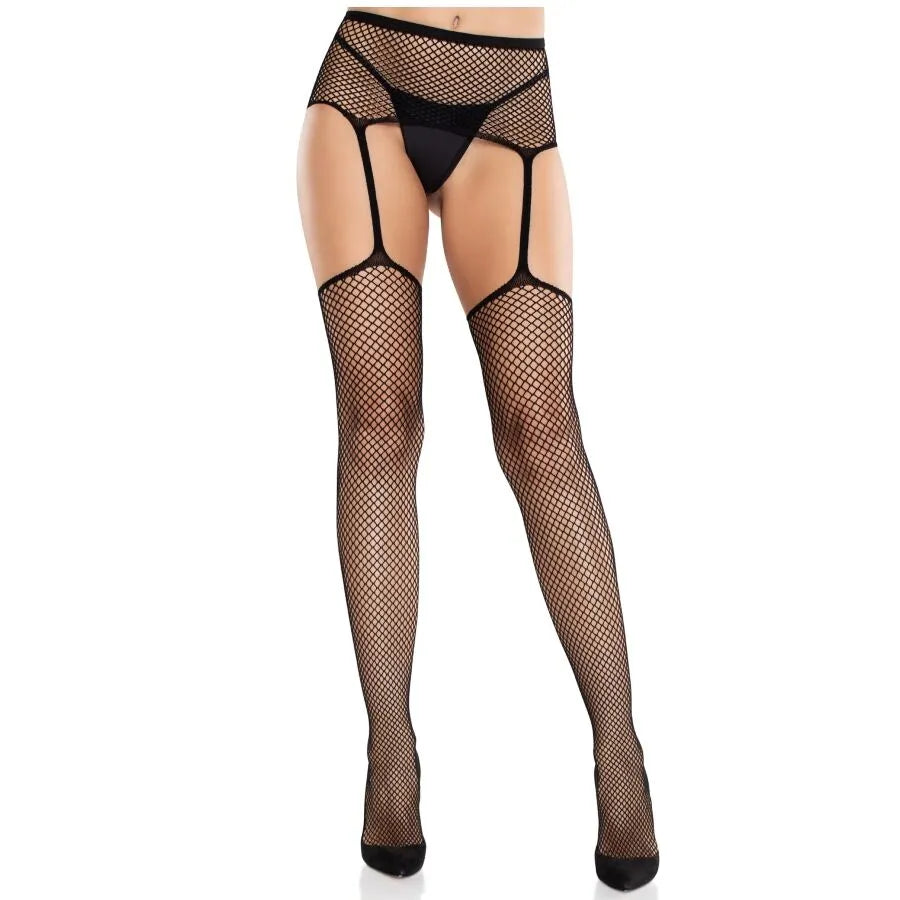 LEG AVENUE - BAS EN DENTELLE AVEC CROIX ET PORTE-JARRETELLES NOIR