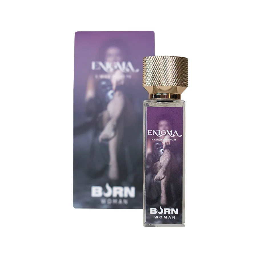 Flacon de parfum Burn Enigma 20 ml pour femme, design élégant avec bouchon doré et boîte violette raffinée.
