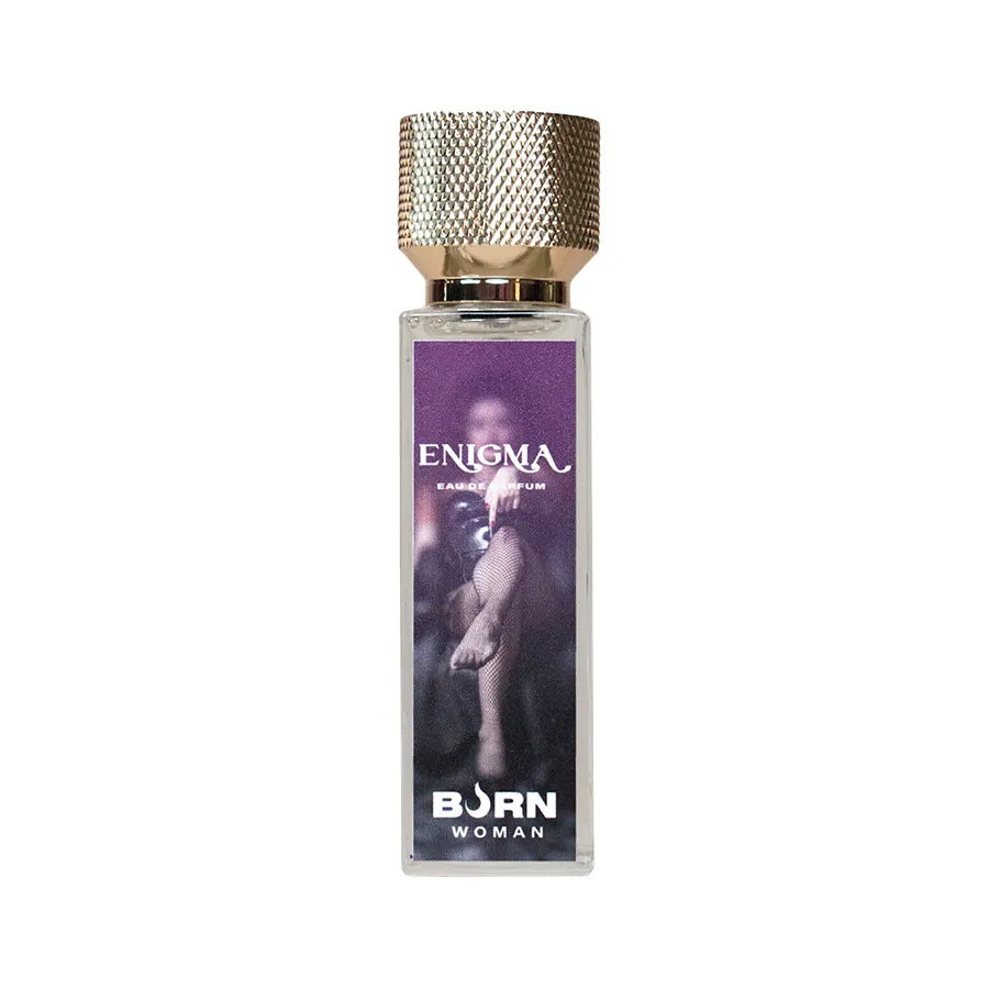 Flacon de parfum Burn Enigma 20 ml, design élégant, bouchon doré texturé, étiquette violette avec silhouette féminine.