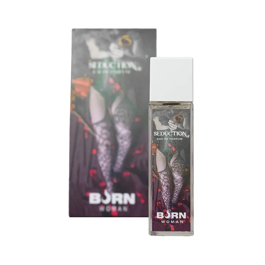 Flacon de parfum Burn Seduction Femme 20 ml, design élégant, boîte décorée, idéal pour la féminité moderne.