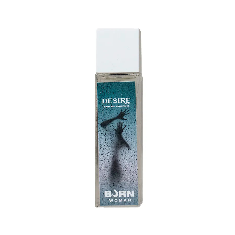 Flacon de parfum Burn Desire Femme 20 ml, design élégant, étiquette bleue avec silhouette féminine, bouchon blanc.