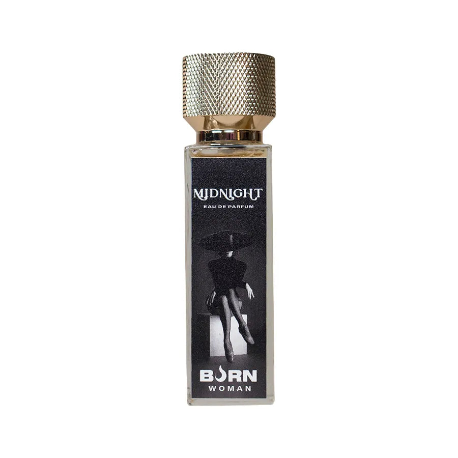 Flacon de parfum Burn Midnight 20 ml, design élégant noir et or, format compact, pour femme moderne et raffinée.