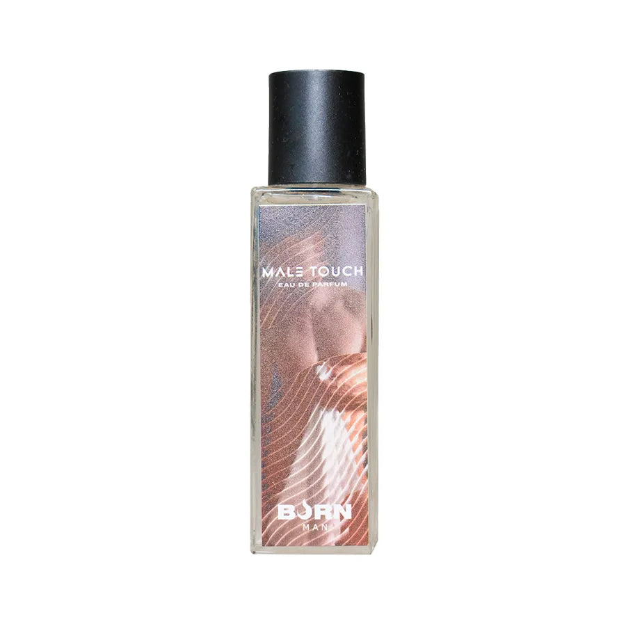 Flacon rectangulaire de parfum Burn Male Touch 20 ml, design élégant avec bouchon noir et étiquette moderne.