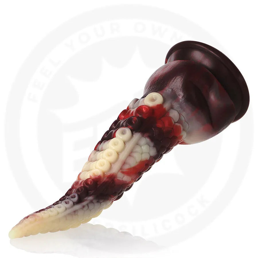 Dildo Draxis Abyss Shadow, design abyssal, couleurs sombres et rouges, texture tentaculaire, base large pour stabilité.