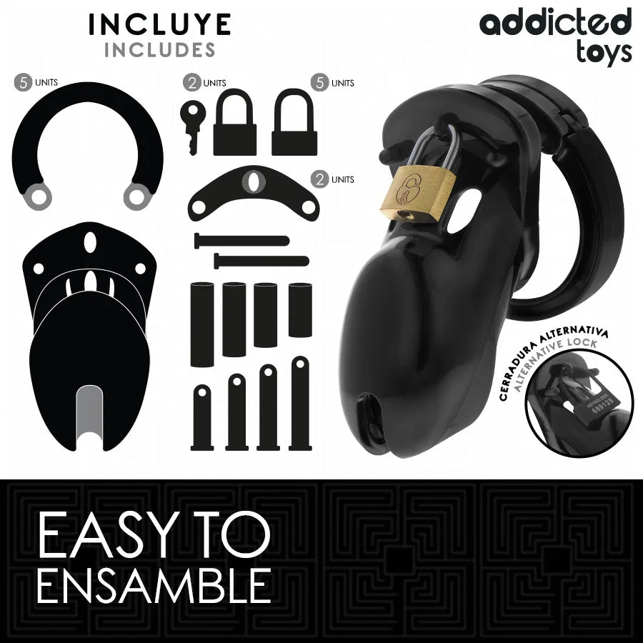 Cage de chasteté homme noire, ajustable, avec cadenas, pour jeux de domination et soumission, sécurité et confort.
