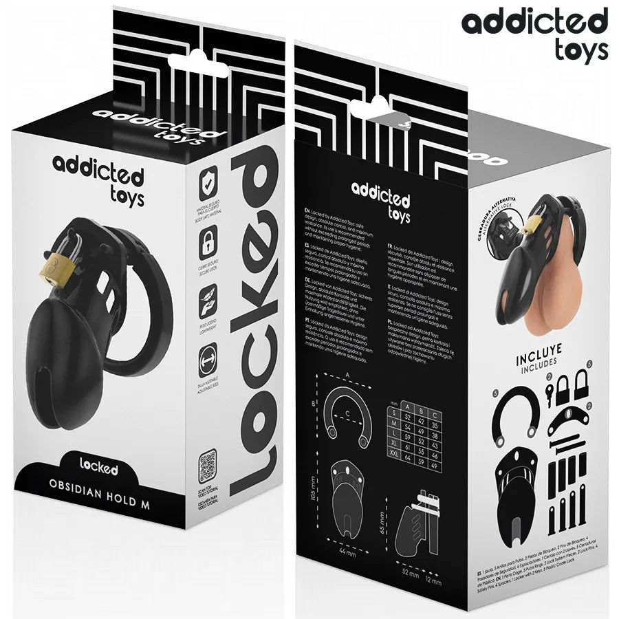Cage de chasteté noire Obsidian, design ergonomique, sécurité et confort pour domination et soumission, débutants et experts.