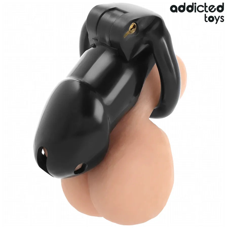 Cage de chasteté noire Addicted Toys avec anneaux ajustables pour jeux de domination et sécurité intime.