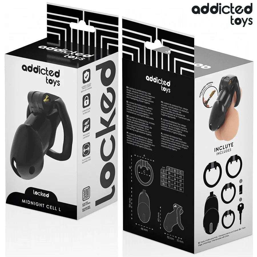 Cage de chasteté noire Addicted Toys avec anneaux ajustables, emballage élégant, pour jeux de domination et sécurité.