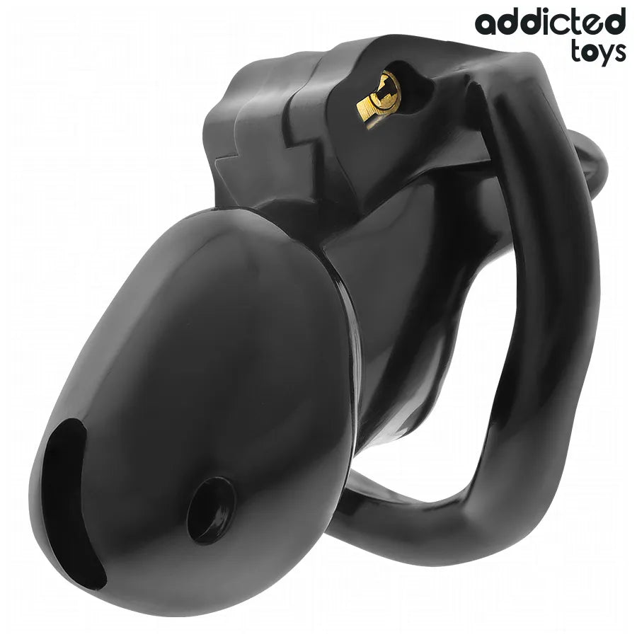 Cage de chasteté noire Addicted Toys, anneaux ajustables, design ergonomique pour sécurité et confort en jeux de domination.