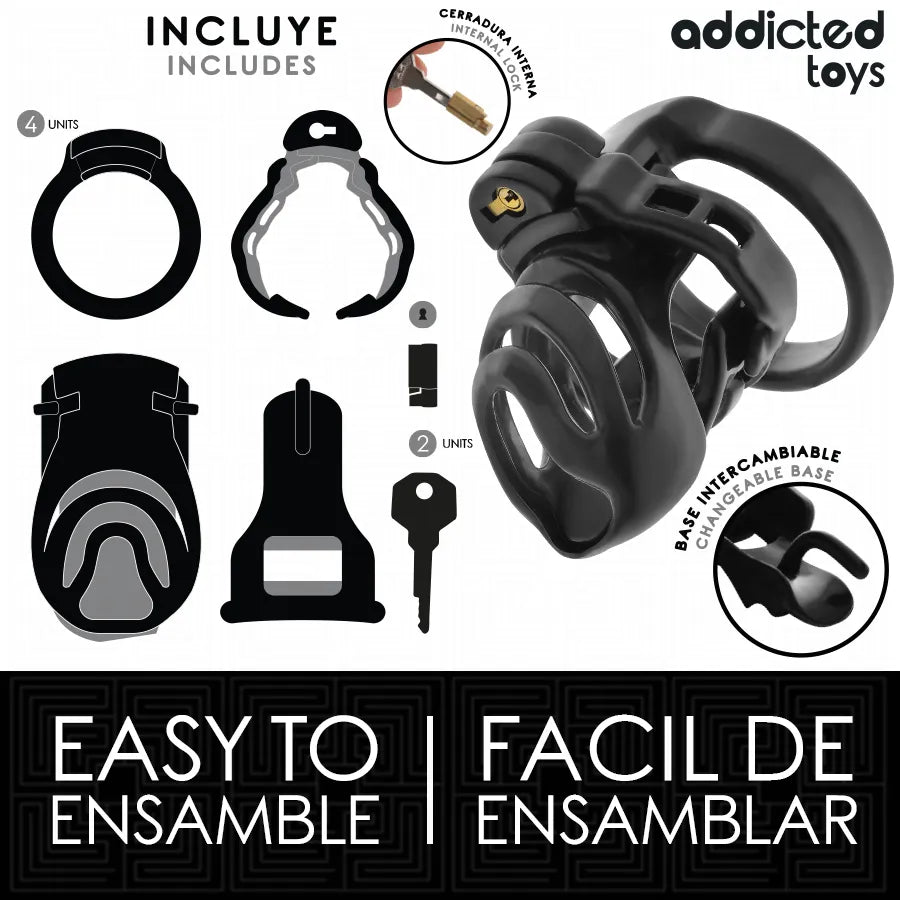 Cage de chasteté noire avec dilatateur urétral, design sécurisé, ajustement parfait pour débutants et experts.