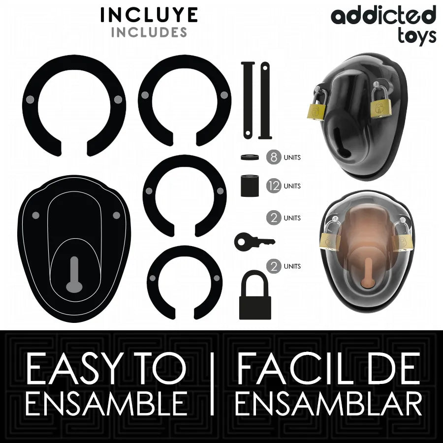 Cage de chasteté coquille noire, design ergonomique, matériaux sûrs, ajustement confortable, jeux BDSM sécurisés.