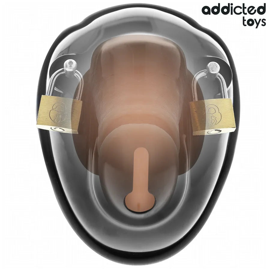Cage chasteté coquille sécurisée, design ergonomique transparent, serrures métalliques, confort et sécurité BDSM.