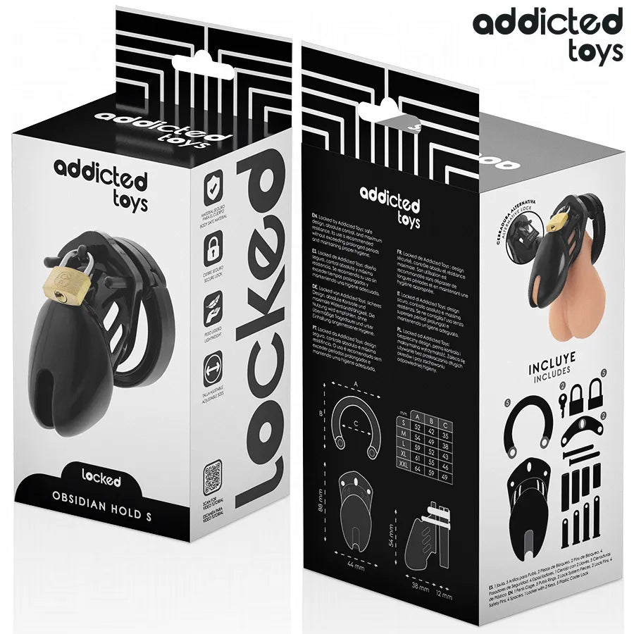 Cage de chasteté noire Addicted Toys avec système de verrouillage, 5 anneaux ajustables, emballage détaillé.