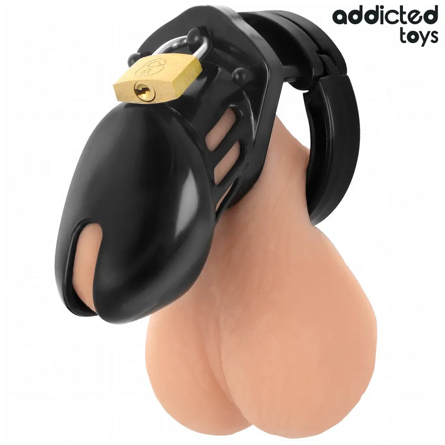 Cage à pénis noire en plastique avec système de verrouillage, 5 anneaux ajustables pour confort et sécurité maximale.