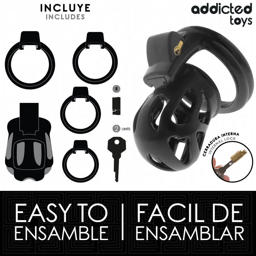 Cage de chasteté ajustable noire, design ergonomique, sécurité et confort pour débutants et experts.