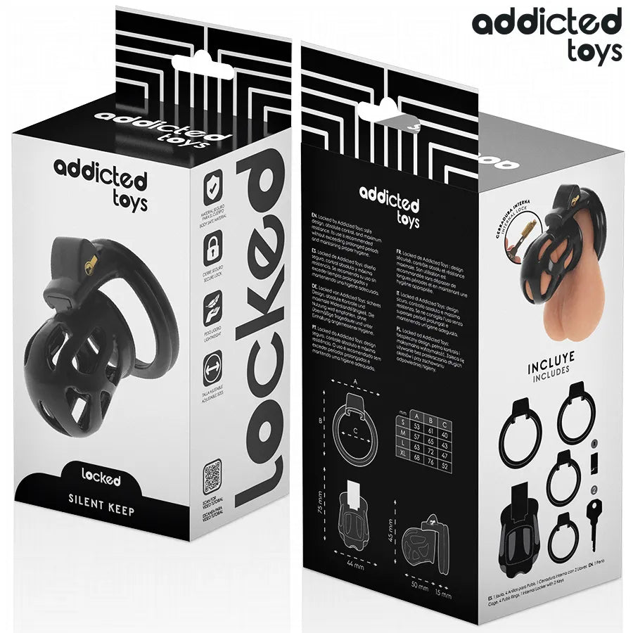 Cage de chasteté ajustable noire, design ergonomique, sécurité et confort pour débutants et experts, emballage inclus.