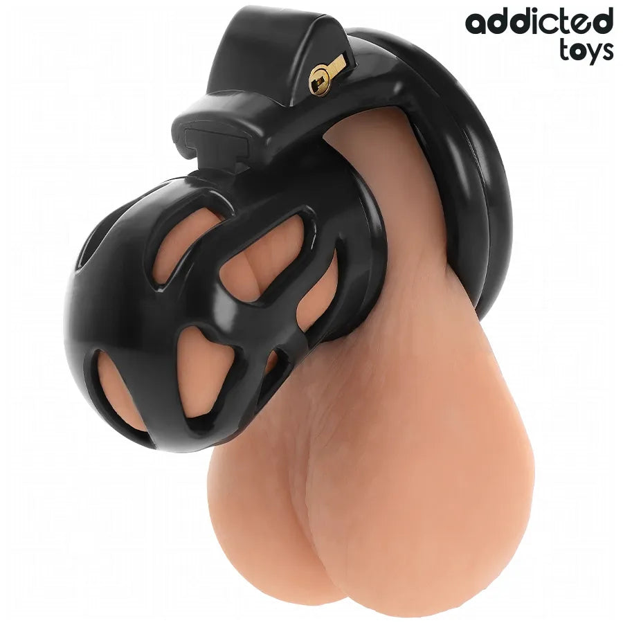 Cage de chasteté ajustable noire, design ergonomique, sécurité et confort pour débutants et experts.