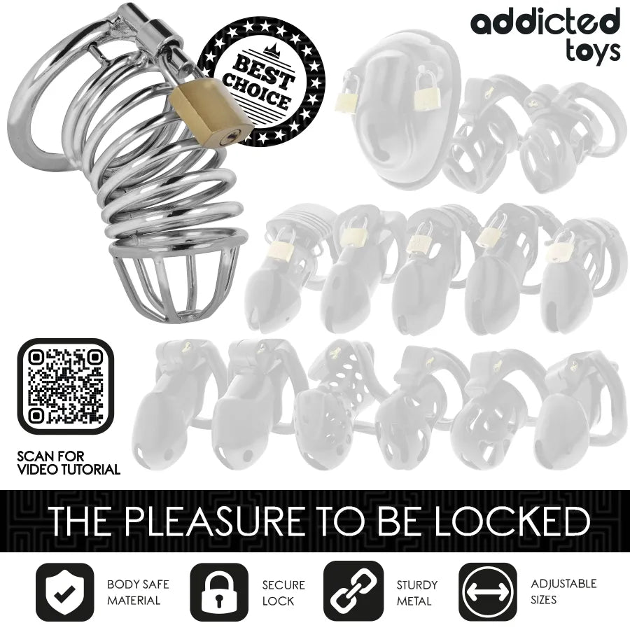 Cage de chasteté en métal argenté, taille M, design spiralé, avec cadenas, par Addicted Toys pour sécurité et durabilité.