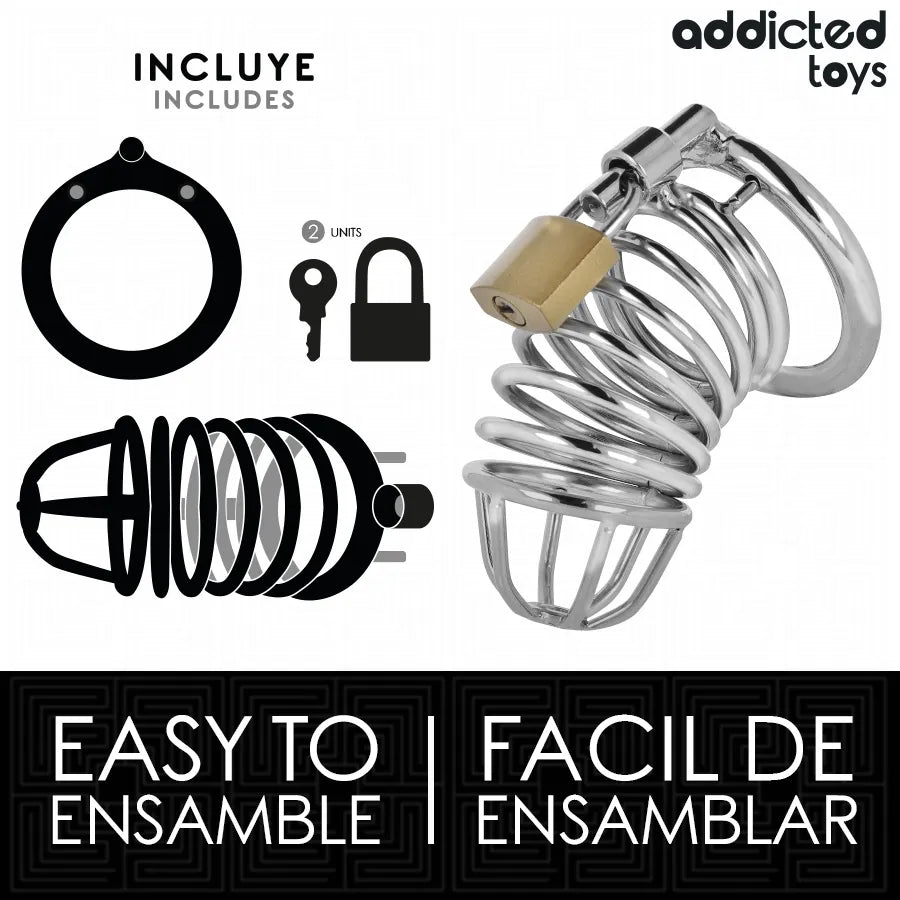 Cage de chasteté en métal argenté taille M, design robuste, cadenas doré, anneau inclus, sécurité et confort assurés.