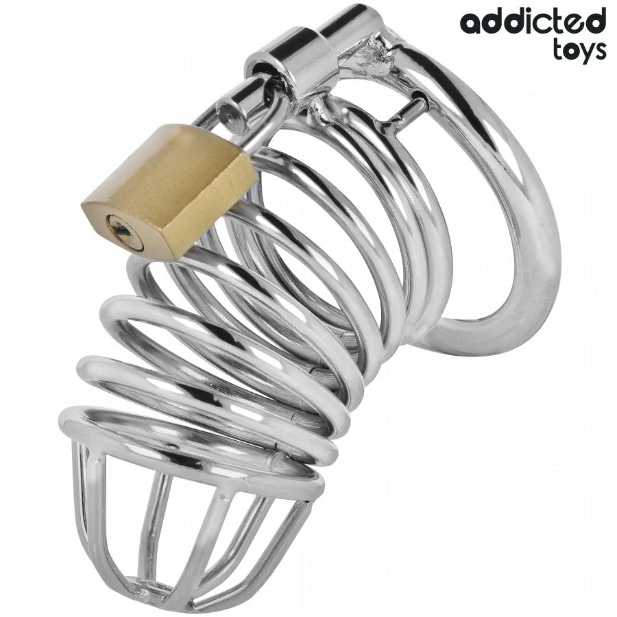 Cage de chasteté en métal argenté taille M avec cadenas doré, design robuste et sécurisé pour confort et contrôle optimal.